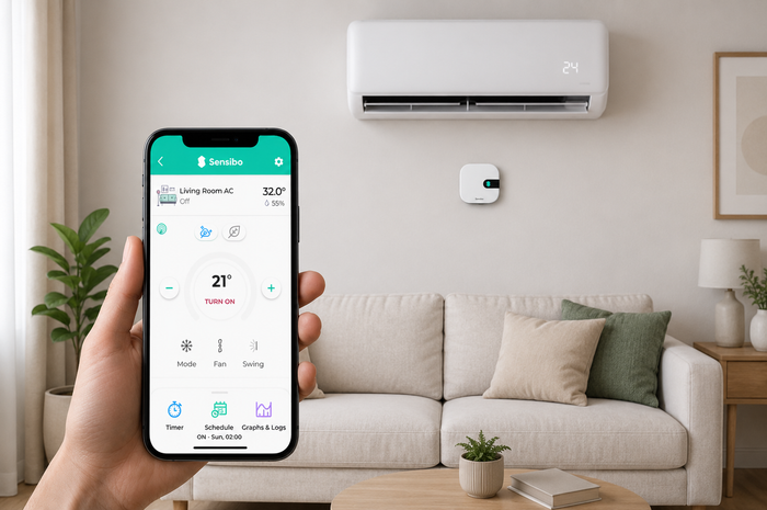 PROMPT: Hand holding iPhone showing Sensibo app with AC controls, temperature at 24C, multiple rooms listed, blurred modern living room in background, warm tones, lifestyle product photography