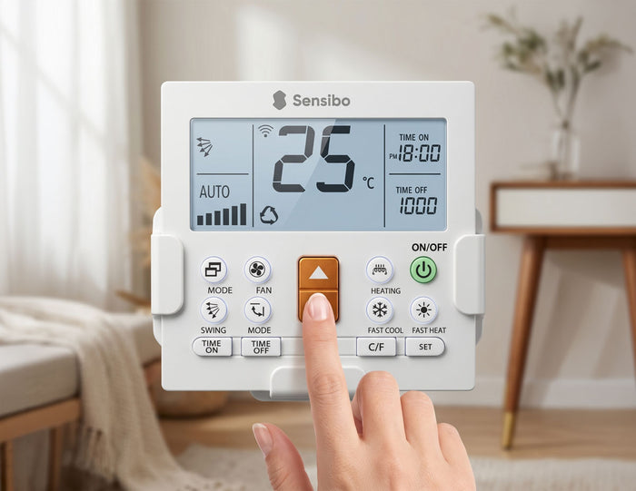 PROMPT: Small white Sensibo smart remote device mounted on wall next to a split AC unit in a clean modern rental apartment, close-up showing the compact design, soft natural light