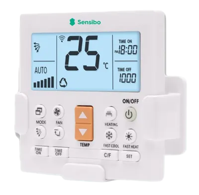PROMPT: Sensibo smart remote device product shot on white background, small white rounded rectangle device, studio lighting, minimal