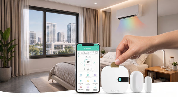 PROMPT: Clean organized Airbnb apartment, AC unit on wall with Sensibo device, window closed, pleasant temperature feel, phone on table showing savings dashboard, calm energy-efficient atmosphere, editorial style