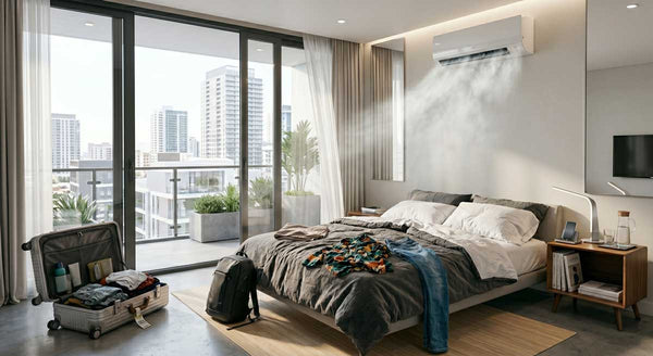 PROMPT: Messy Airbnb apartment scene, AC unit on wall running with visible cold air, balcony door wide open, bright summer day, energy waste, slightly chaotic guest room, editorial style