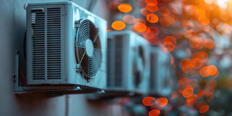 Row of outdoor AC condenser units on a wall