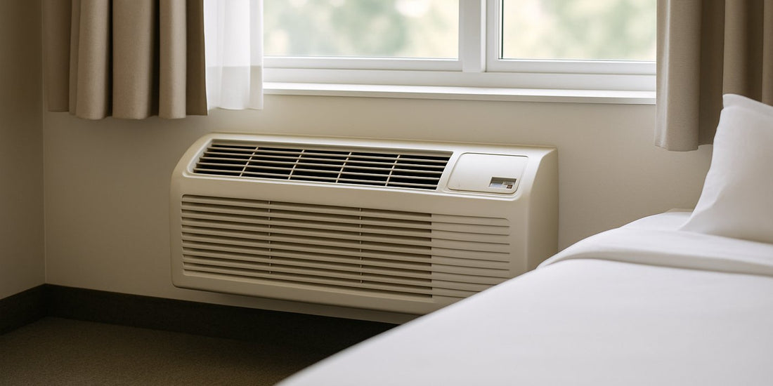 PTAC unit installed under the window of a modern hotel room