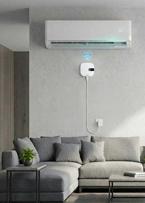 PROMPT: Hand mounting small white Sensibo device on wall next to split AC unit using adhesive strip, close-up, modern apartment, easy installation concept, natural light