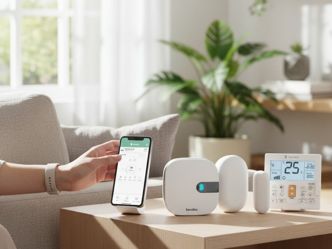 Modern bright Airbnb living room with split AC on wall, Sensibo device mounted next to it